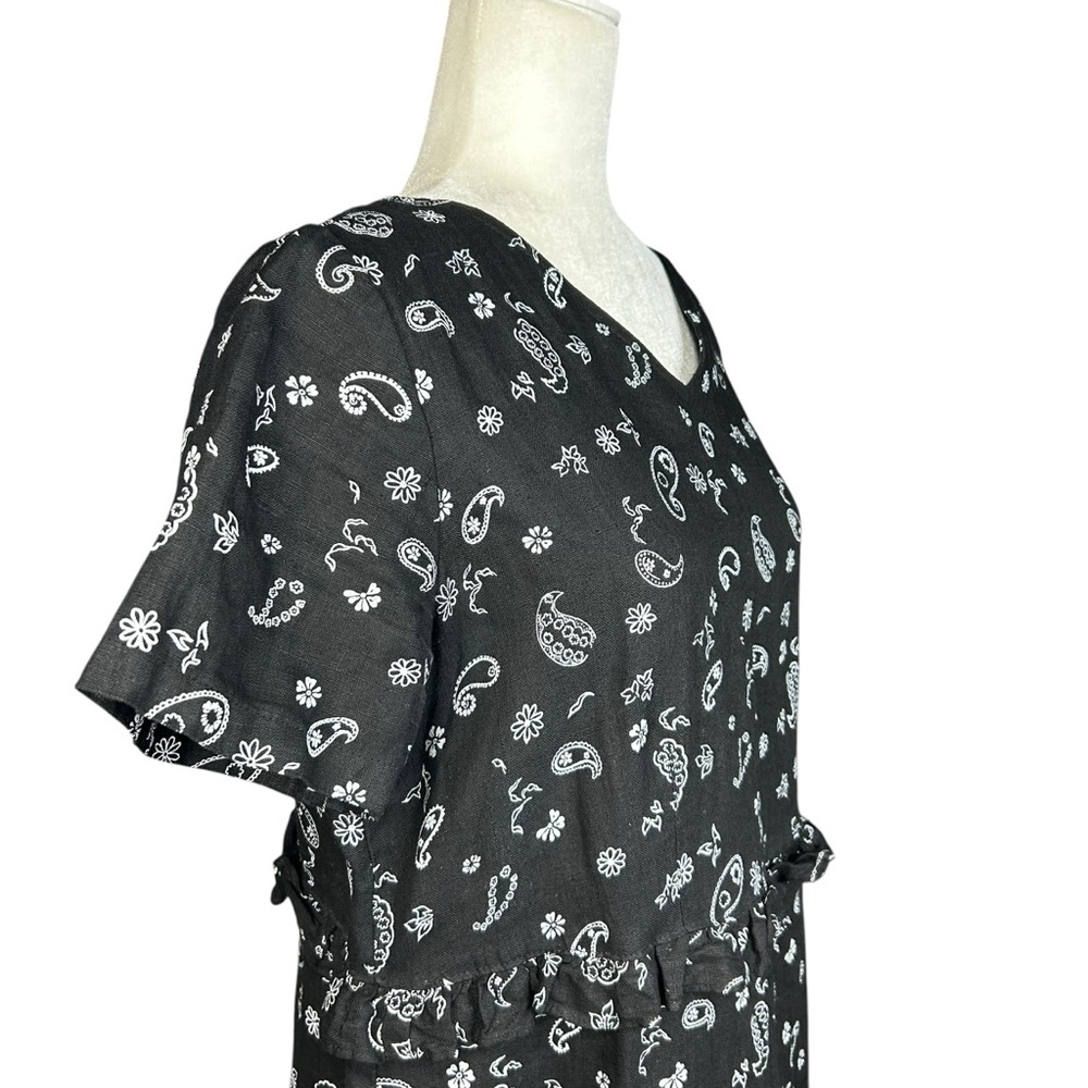 Y2K MATCH Linen Paisley Midi Dress 12 Vintage Black White Ruffle USA - Picture 5 of 10